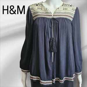 H&M Embroidered Boho Jacket Navy Blue and Cream  size 8